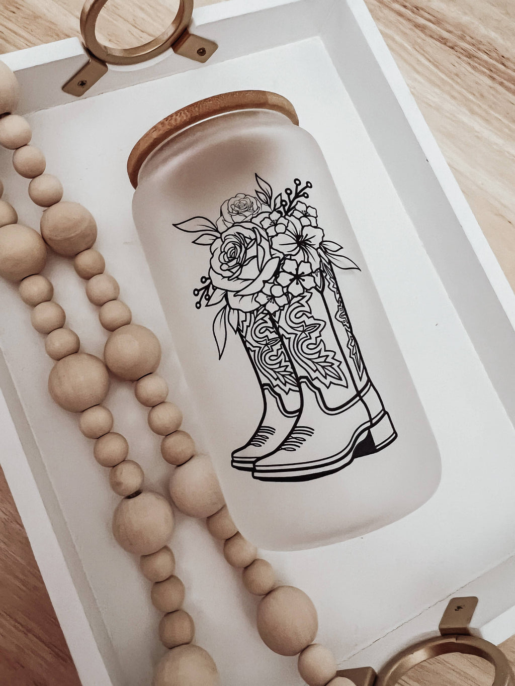 Boots with Flowers Frosted 16 oz Glass Cup with Bamboo Lid