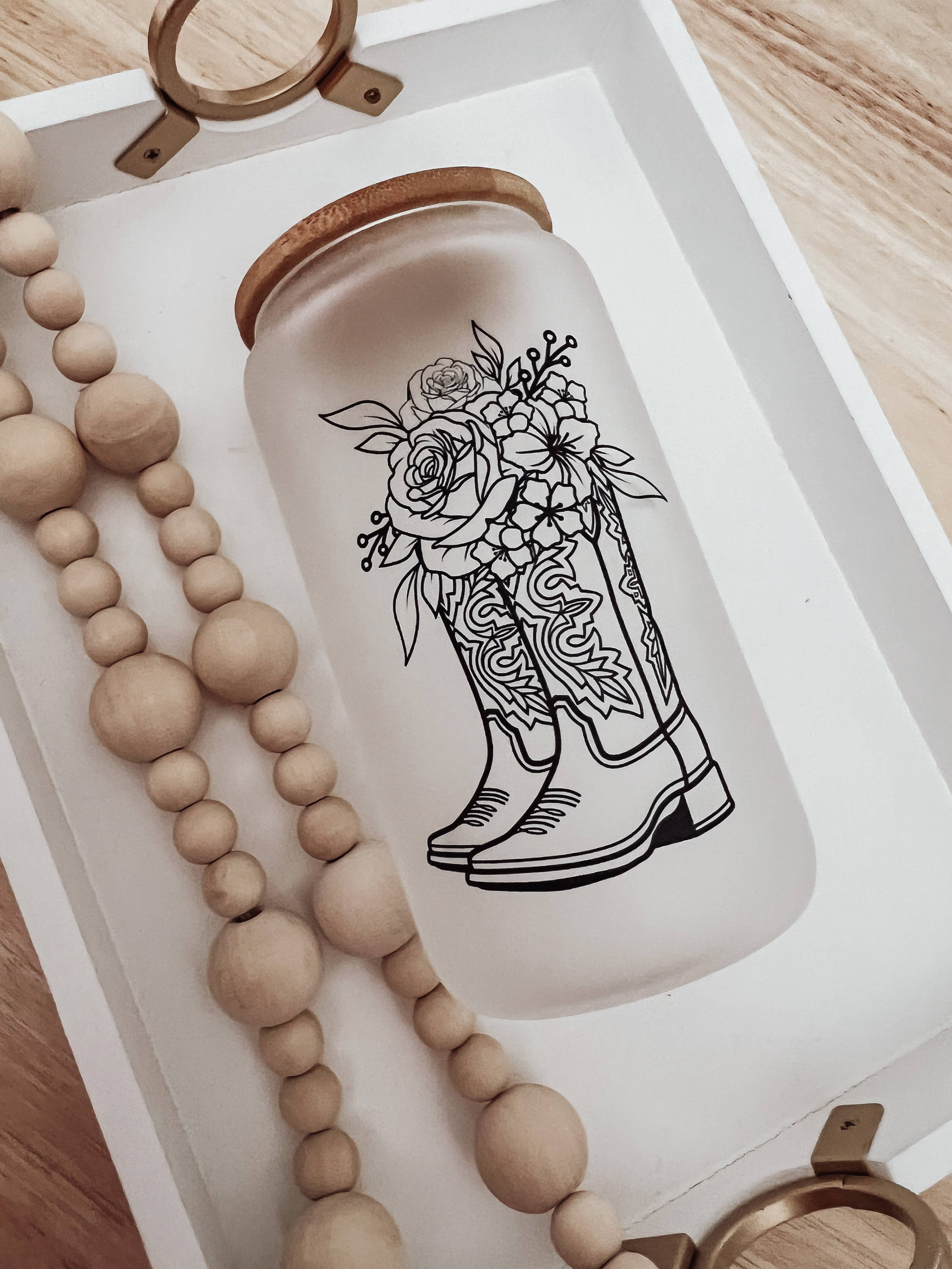 Boots with Flowers Frosted 16 oz Glass Cup with Bamboo Lid