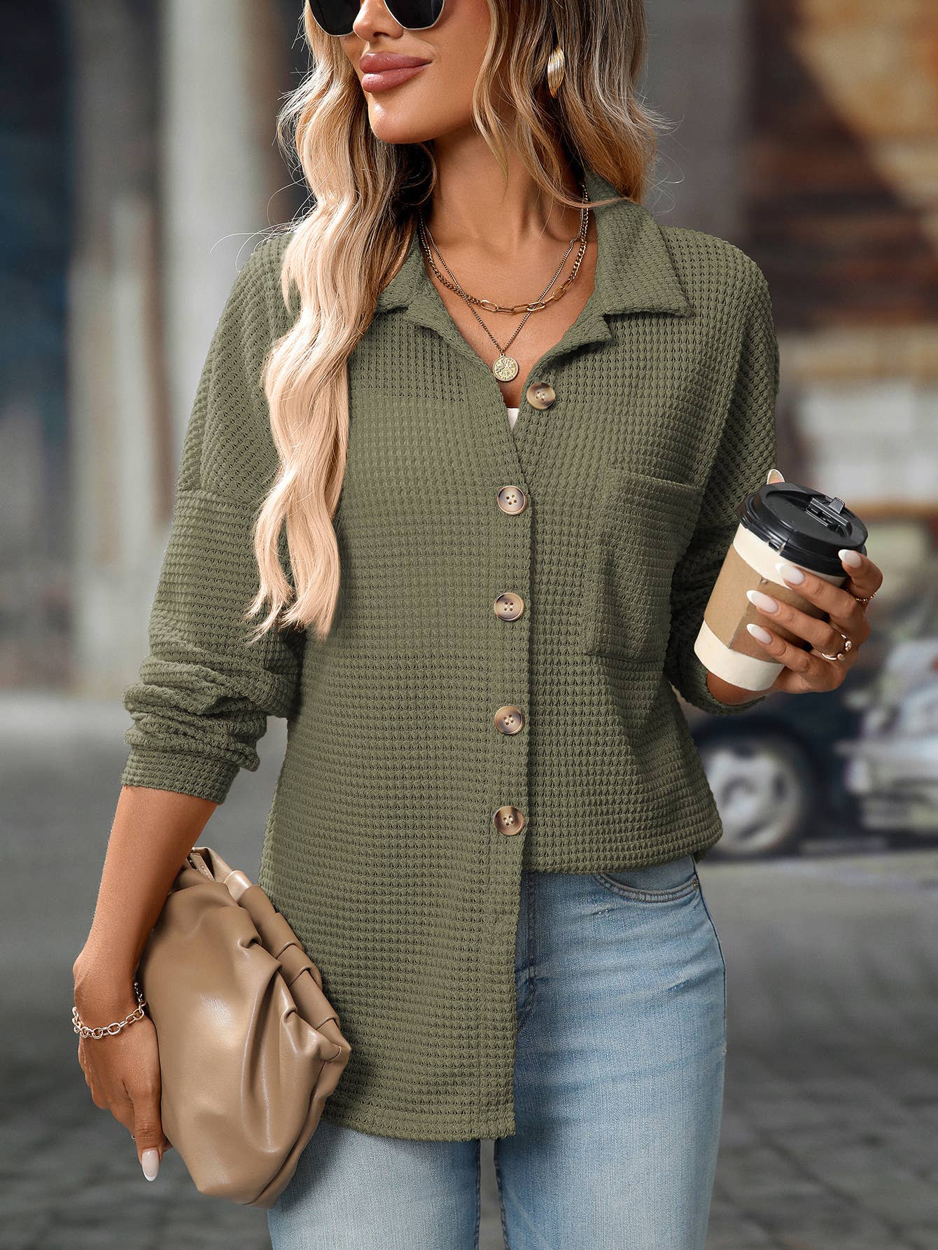 Waffle Knit Button-Up Shirt