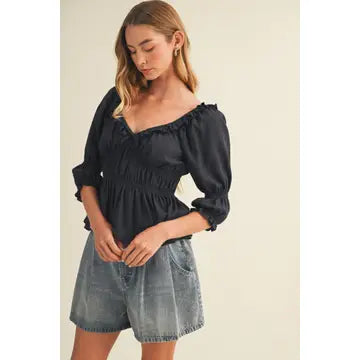Ruffle V-Neck Shirred Empire Blouse