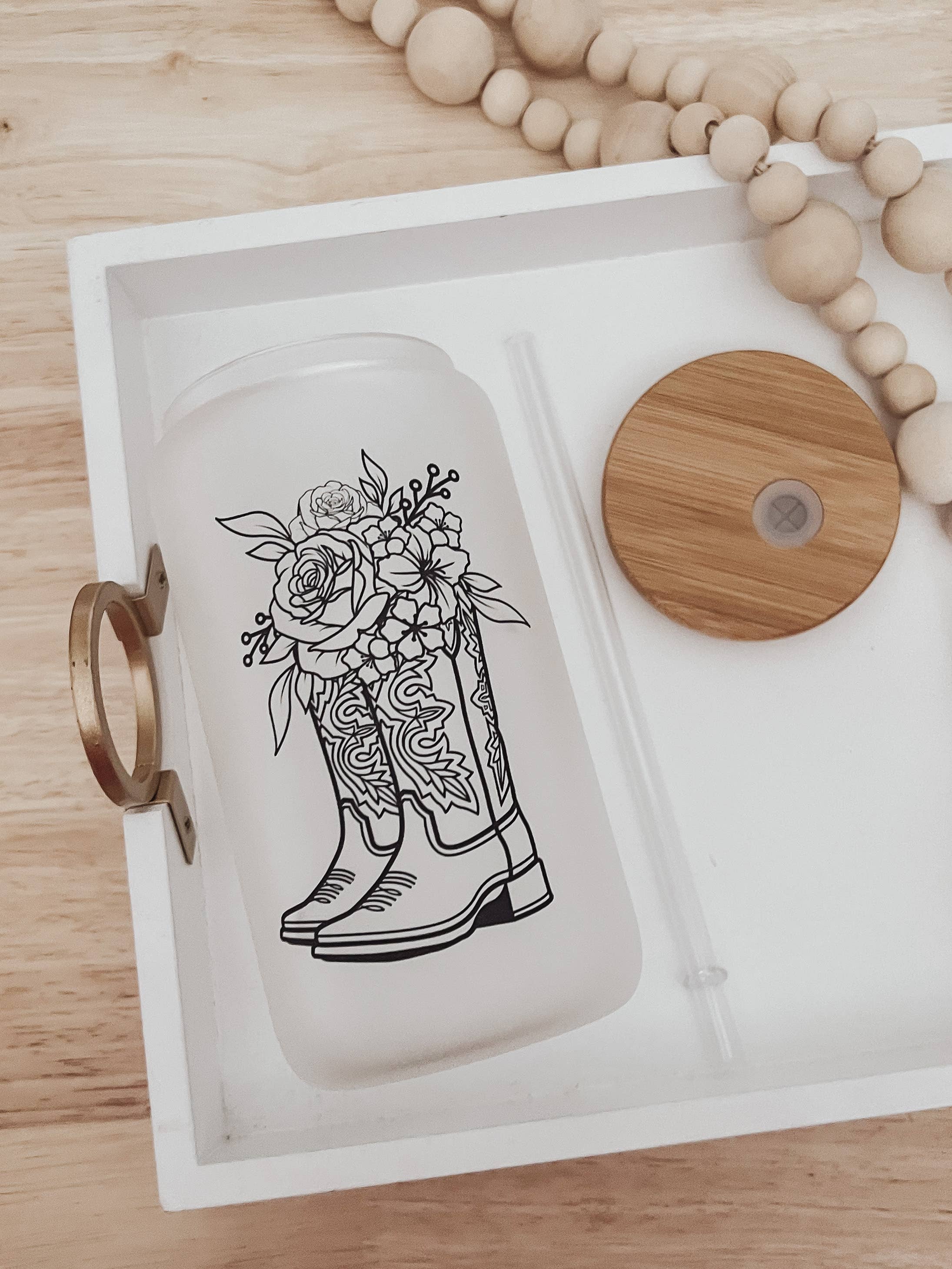 Boots with Flowers Frosted 16 oz Glass Cup with Bamboo Lid