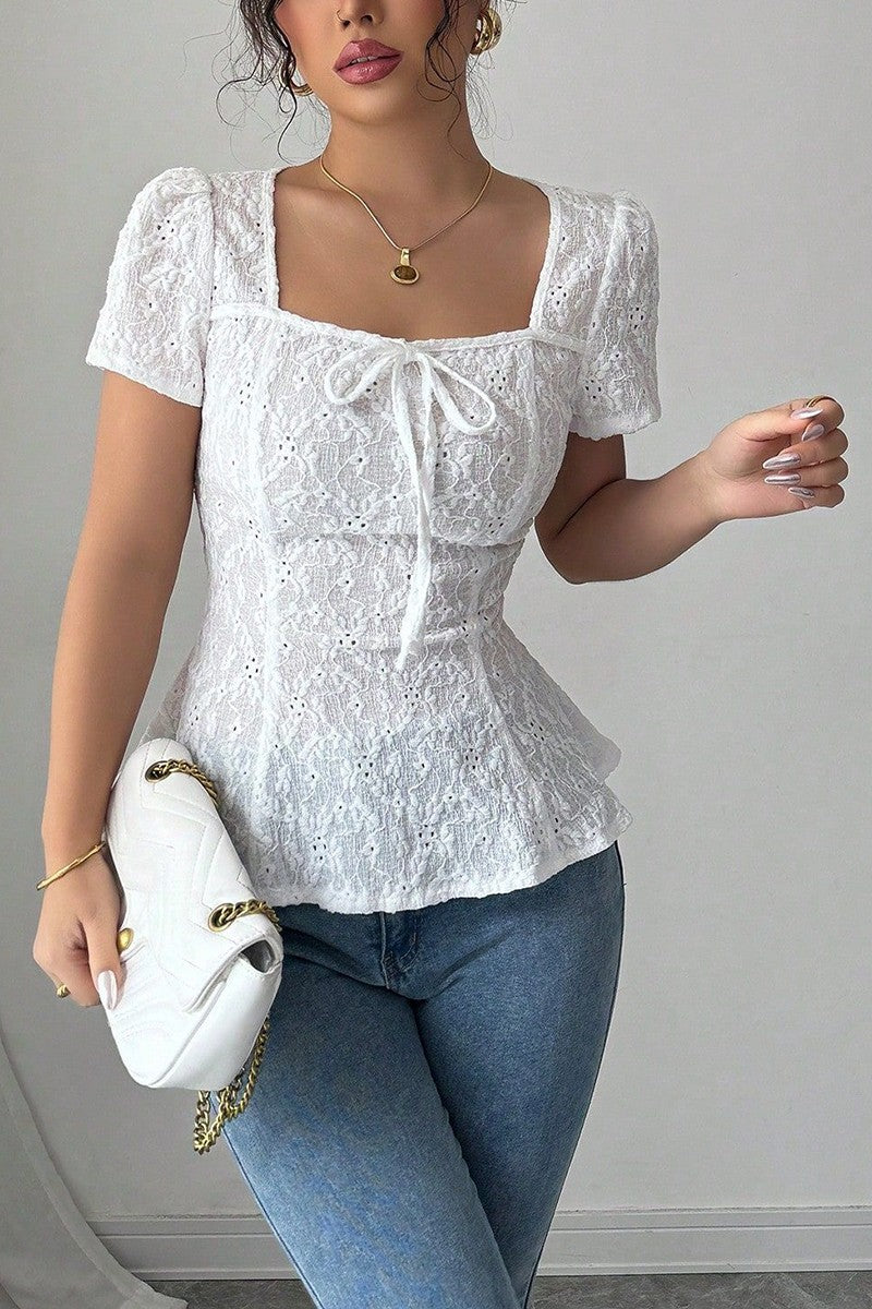 Square Neck Lace Detail Peplum Top