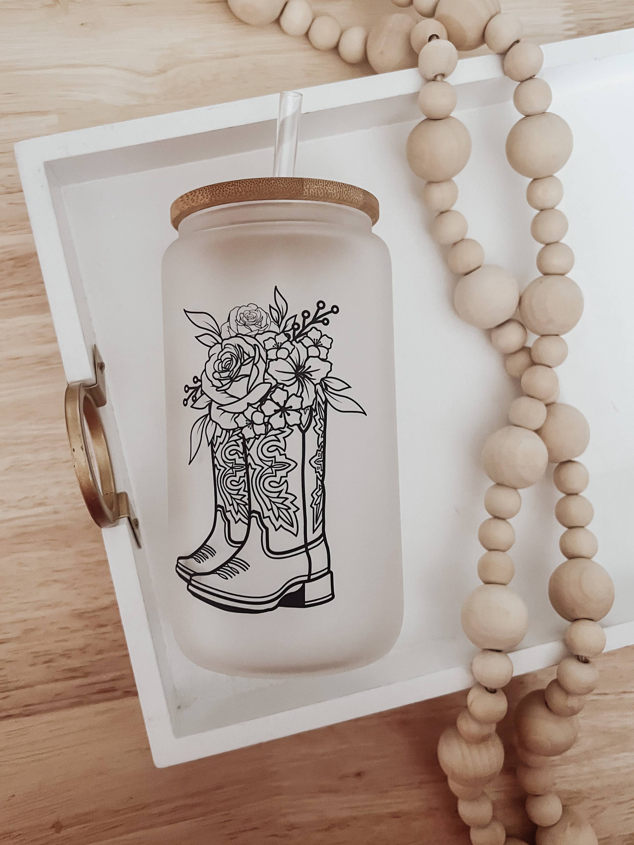 Boots with Flowers Frosted 16 oz Glass Cup with Bamboo Lid