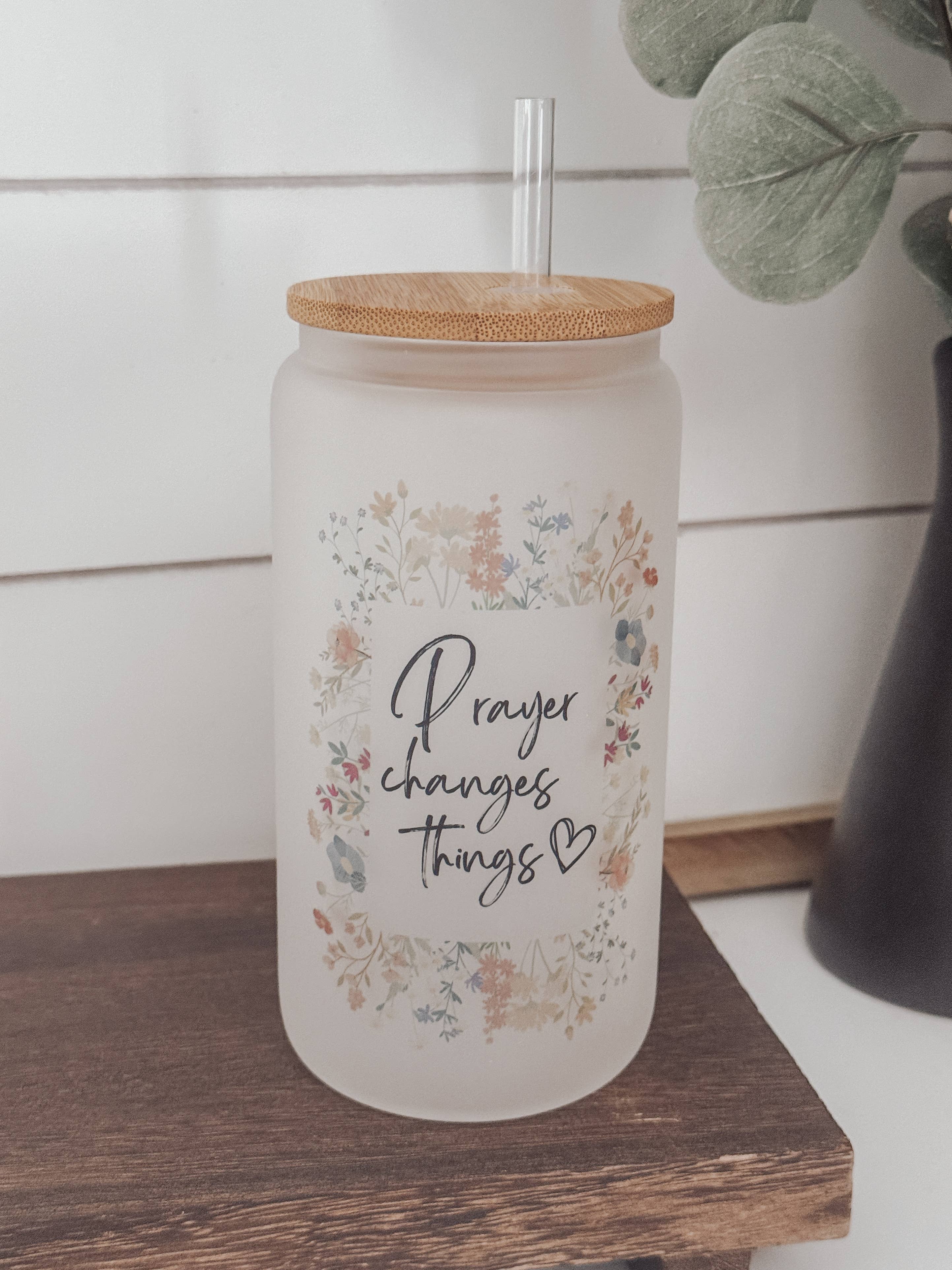 Prayer Changes Things Floral 16oz Glass Cup with Bamboo Lid