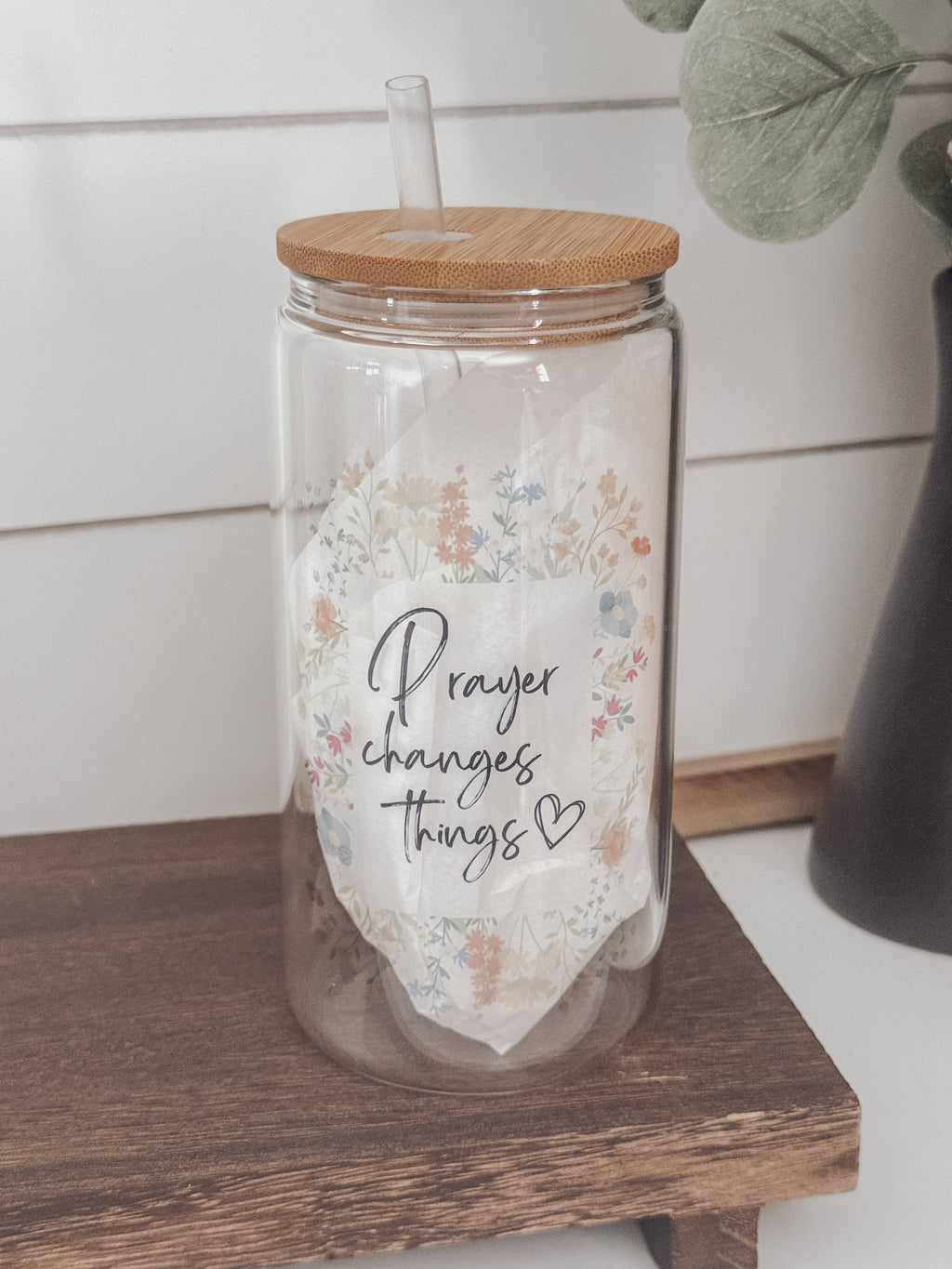 Prayer Changes Things Floral 16oz Glass Cup with Bamboo Lid