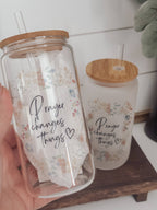 Prayer Changes Things Floral 16oz Glass Cup with Bamboo Lid