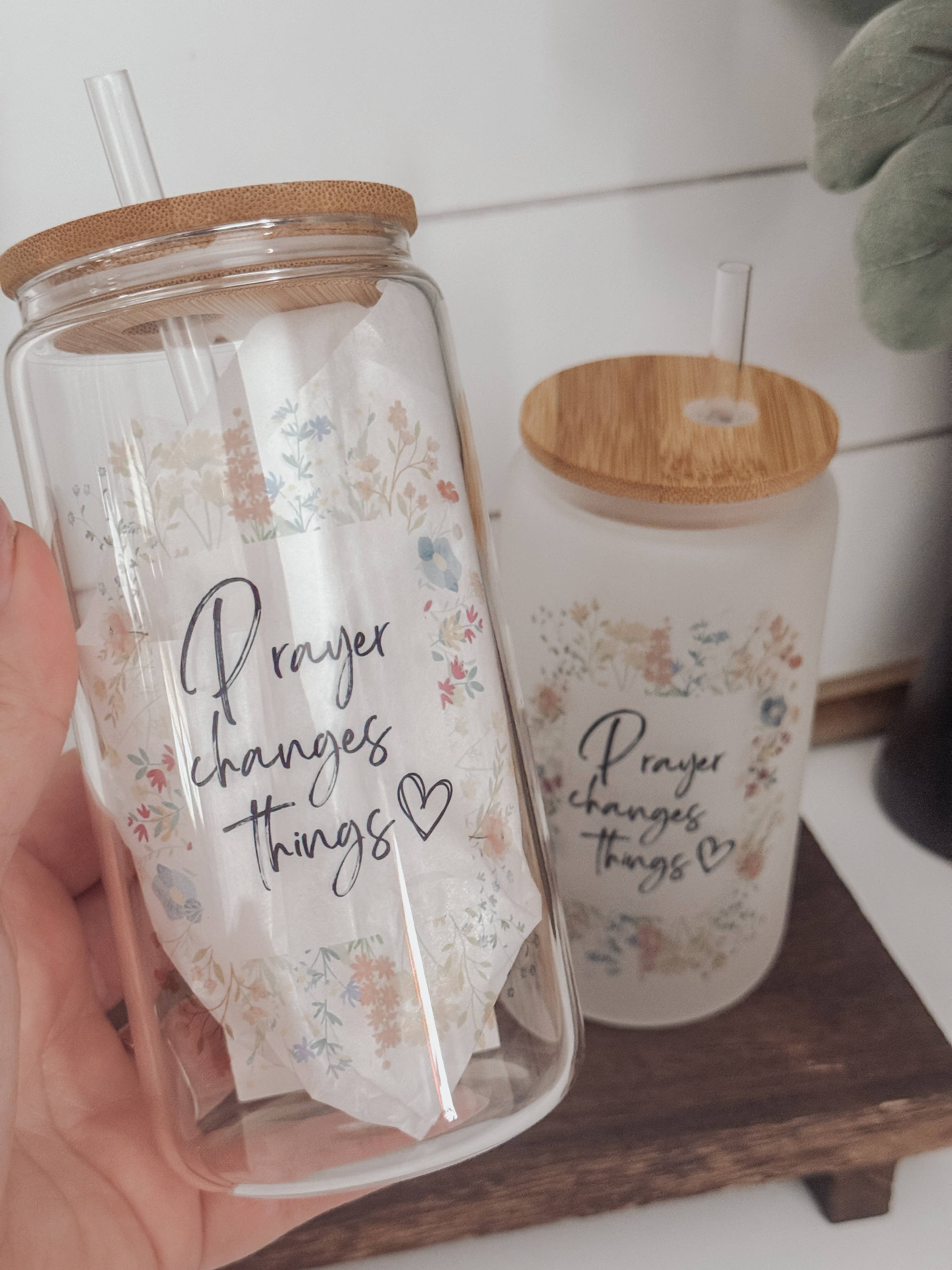 Prayer Changes Things Floral 16oz Glass Cup with Bamboo Lid