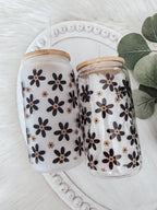 Minimalist Daisy 16oz Glass Cup with Bamboo Lid