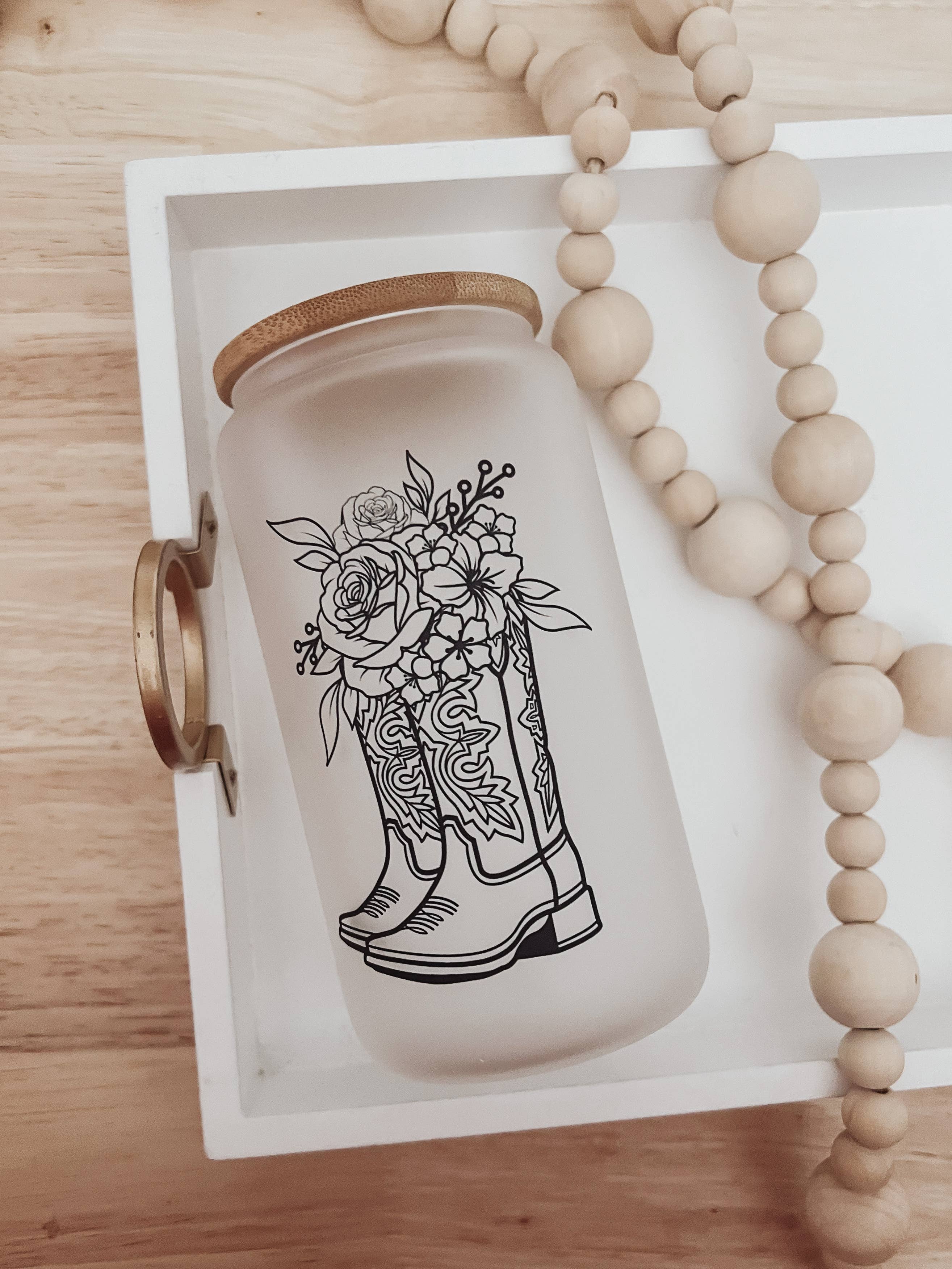 Boots with Flowers Frosted 16 oz Glass Cup with Bamboo Lid