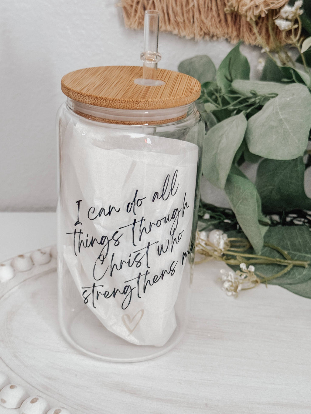 I Can Do All Things Through Christ 16oz Glass Cup with Lid