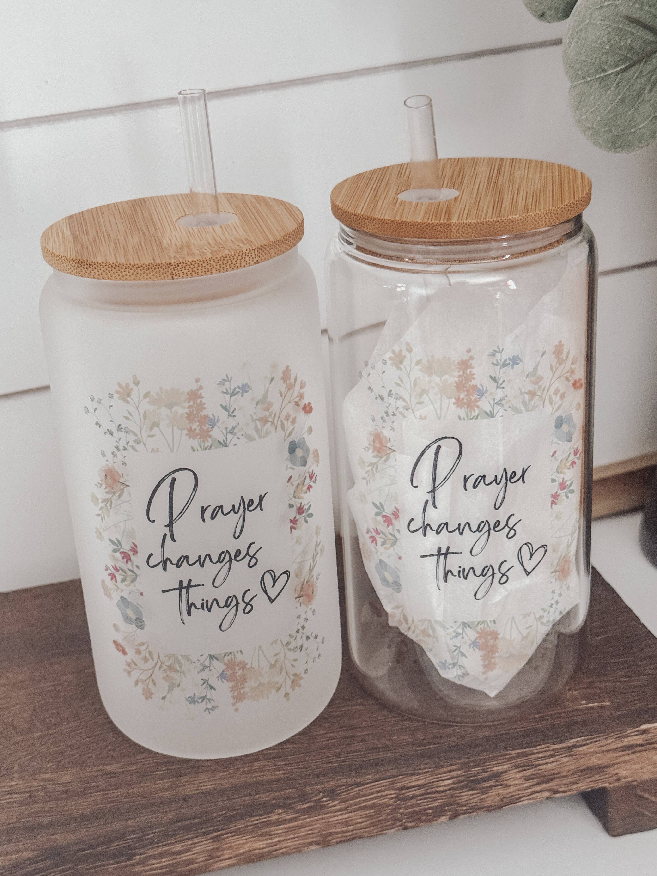 Prayer Changes Things Floral 16oz Glass Cup with Bamboo Lid