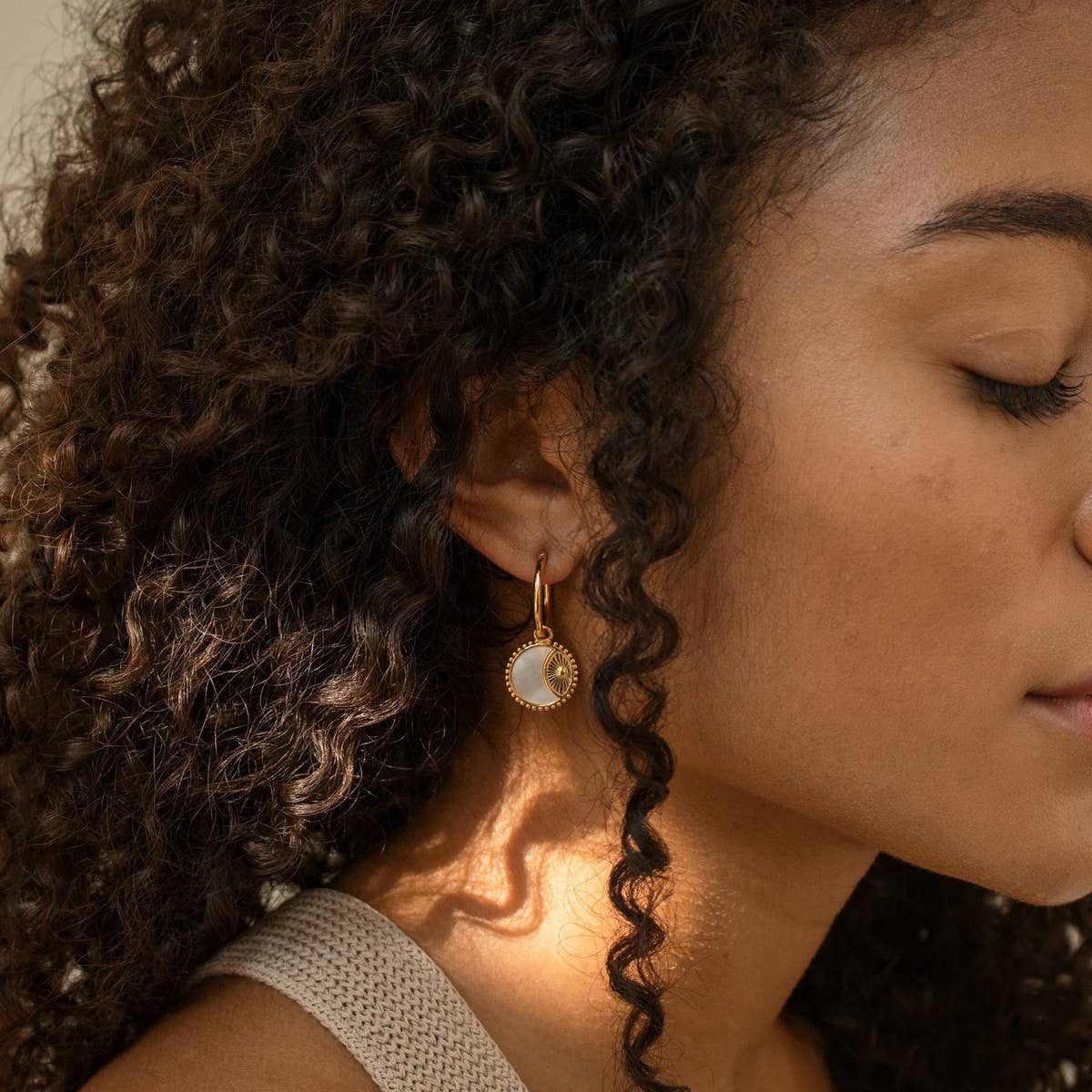 Gold Hoop Earrings Sun Coin & Moon