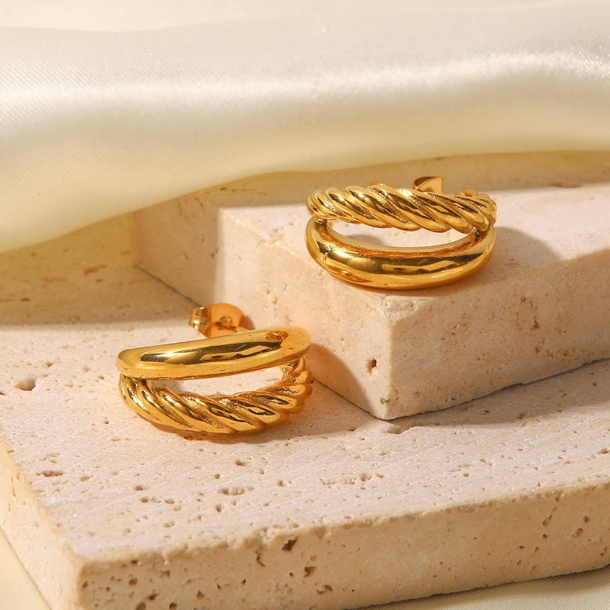 18K Gold Double Stainless Steel Twist Earrings.