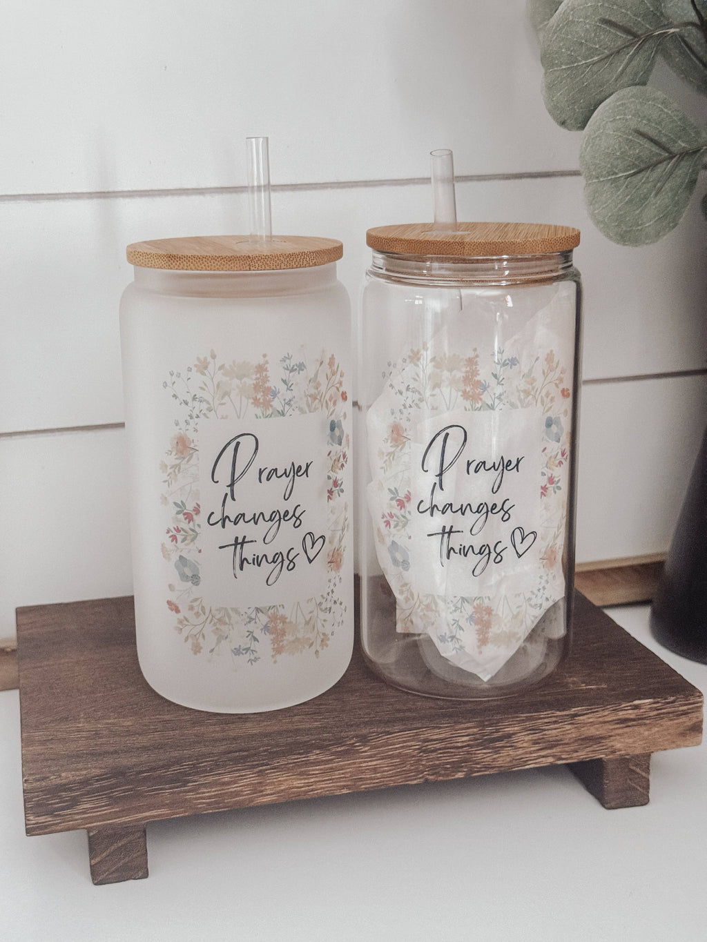 Prayer Changes Things Floral 16oz Glass Cup with Bamboo Lid