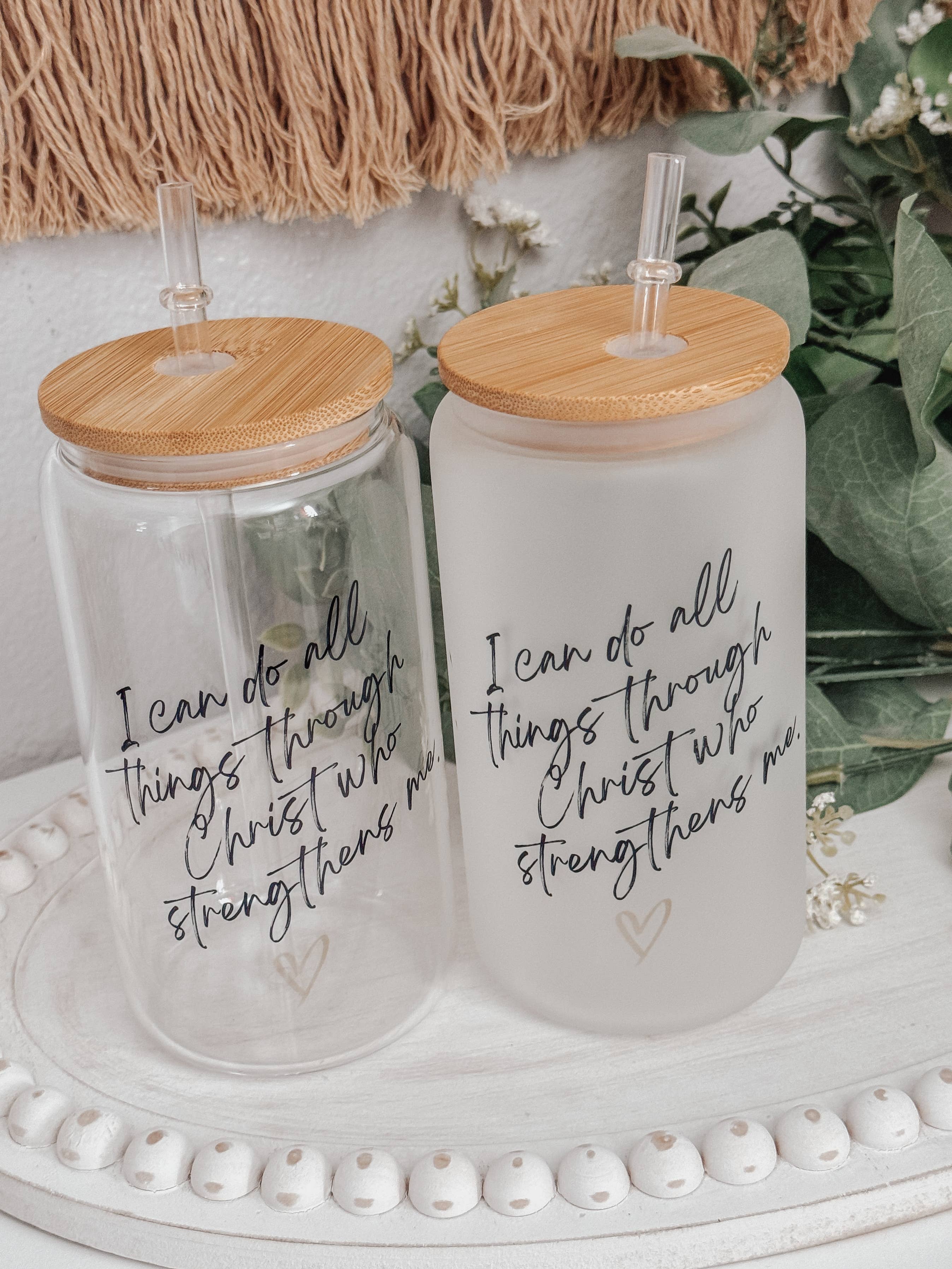 I Can Do All Things Through Christ 16oz Glass Cup with Lid