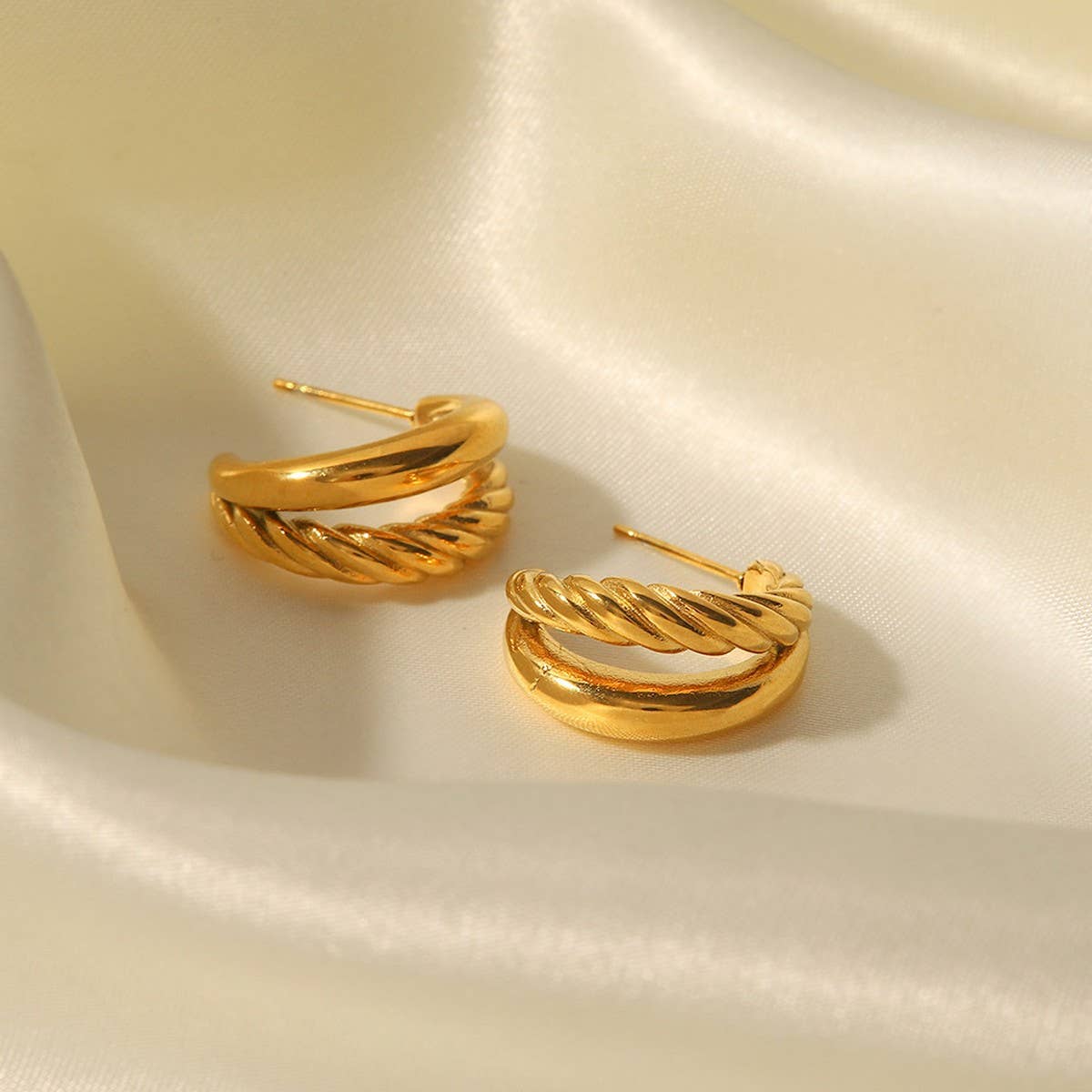 18K Gold Double Stainless Steel Twist Earrings.