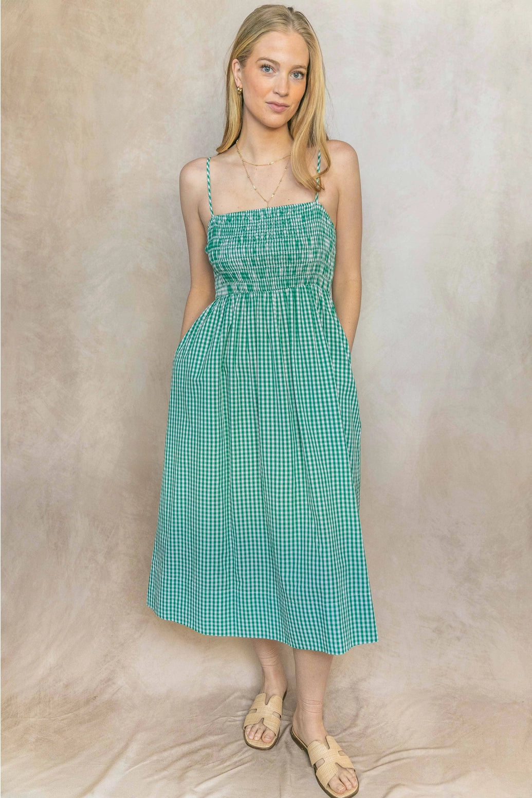 Green Plaid Smocked Bodice Dress