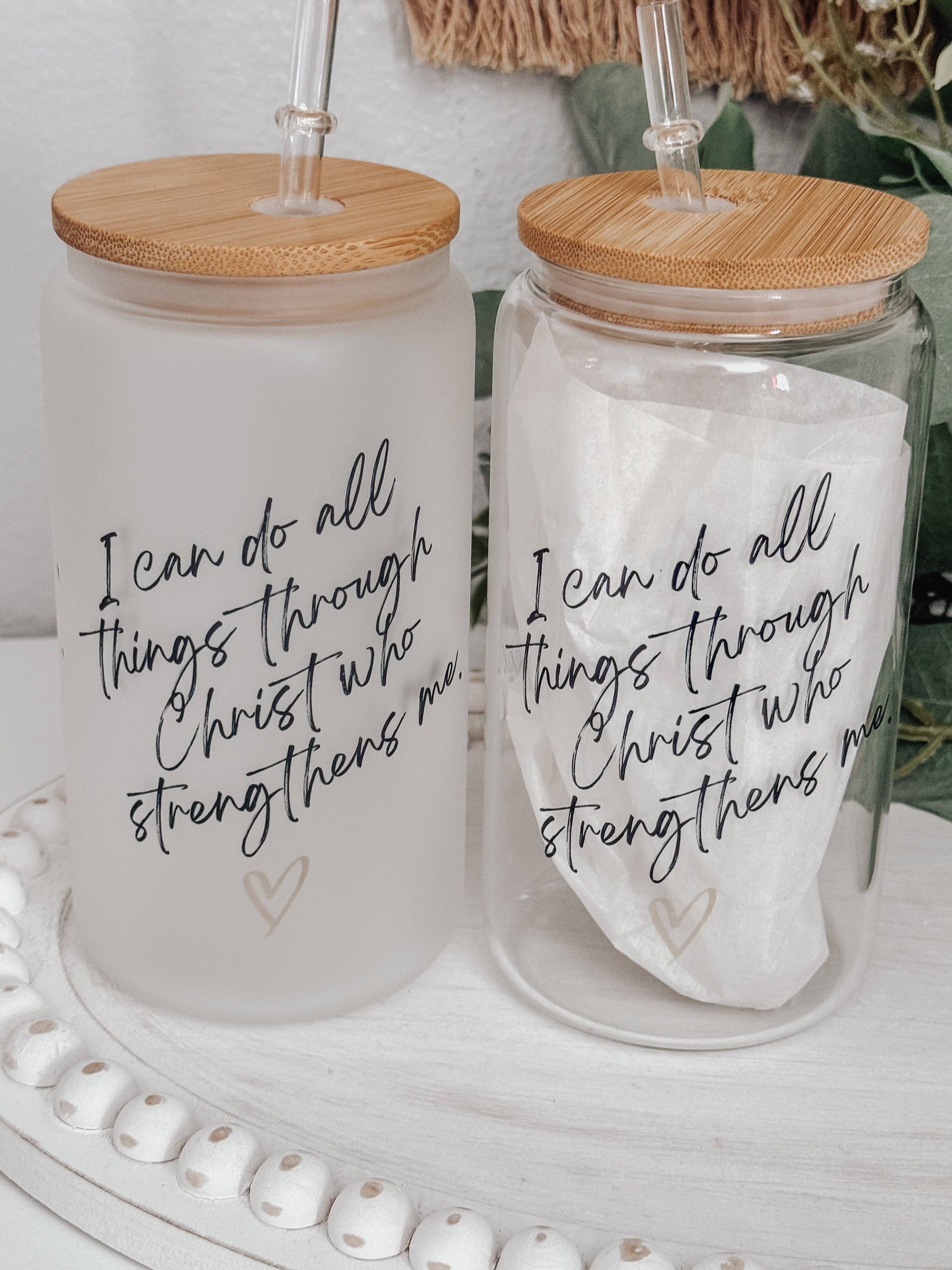 I Can Do All Things Through Christ 16oz Glass Cup with Lid