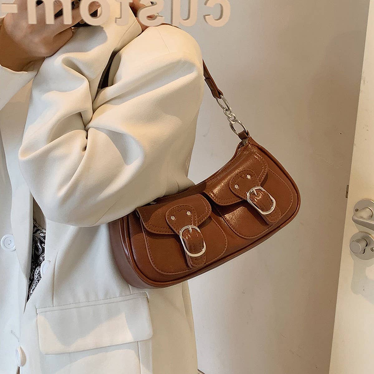 Chocolate Brown Mini Pockets Shoulder Handbag