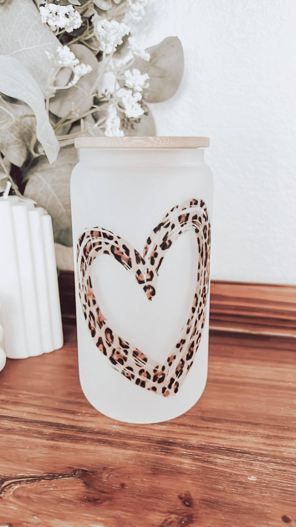 Leopard Heart Frosted 16oz Glass Cup with Bamboo Lid