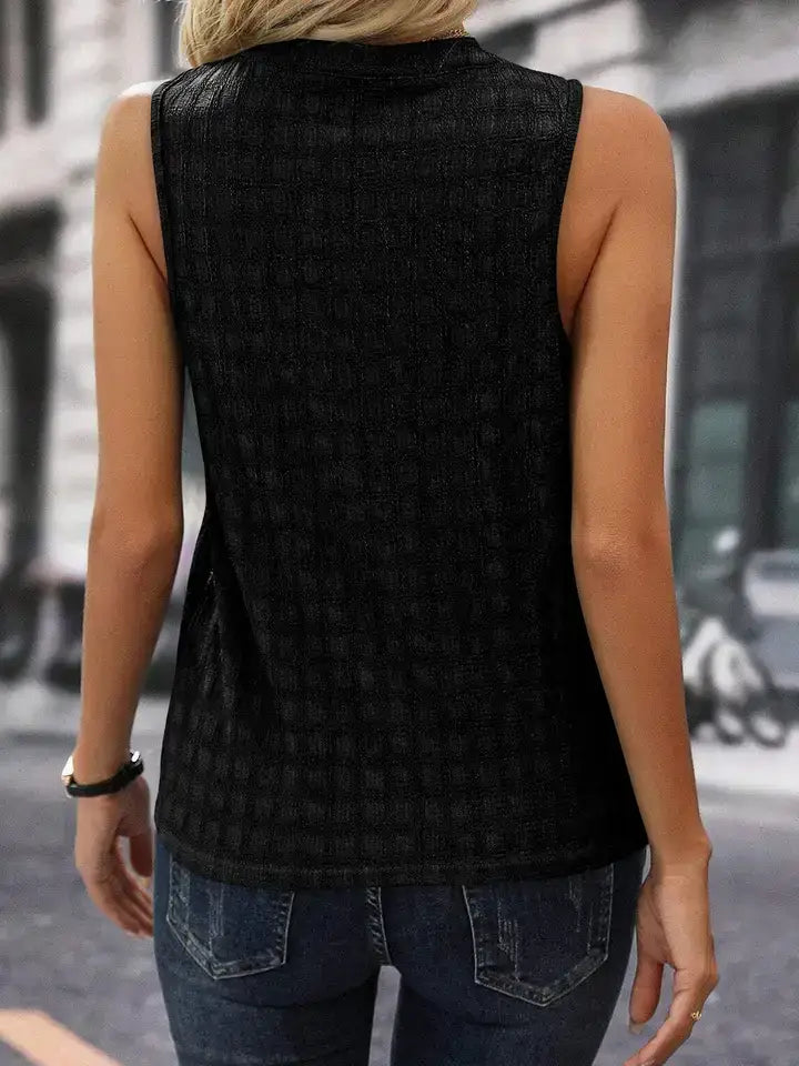 Split Neck Tank Top with Lattice Texture Detail
