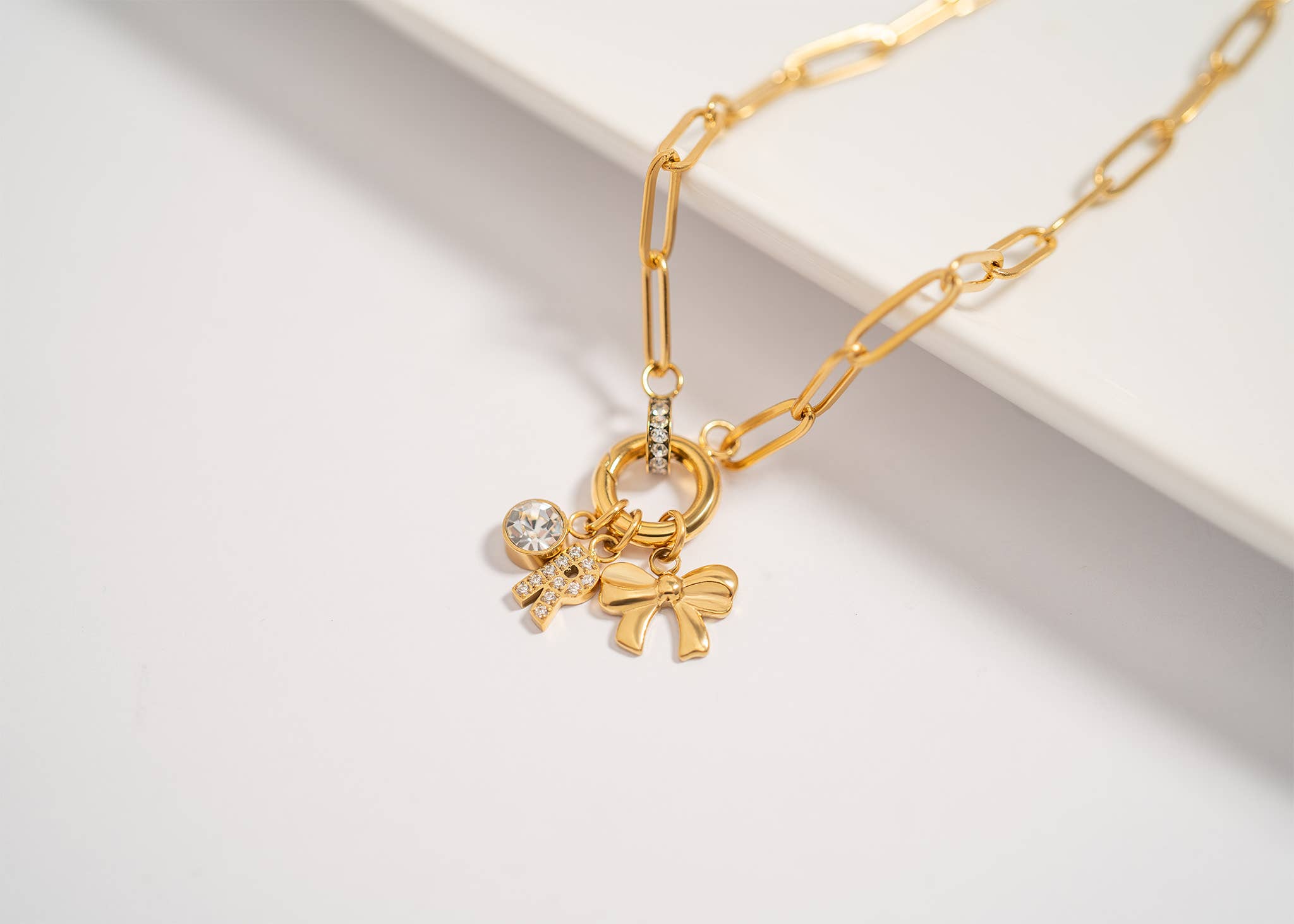 18K Gold PVD Paperclip Rhinestone Charm Holder Necklace