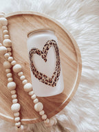 Leopard Heart Frosted 16oz Glass Cup with Bamboo Lid