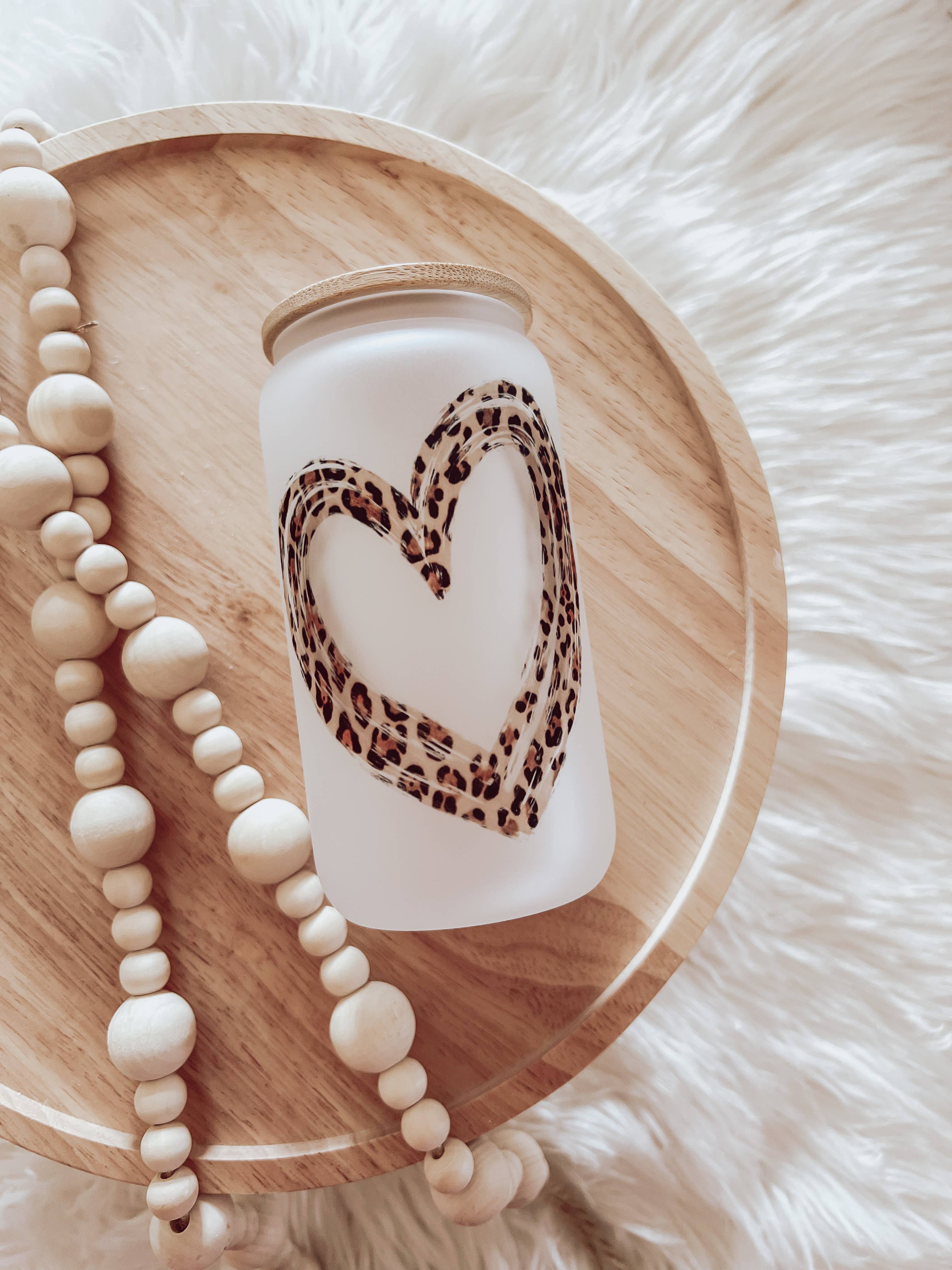 Leopard Heart Frosted 16oz Glass Cup with Bamboo Lid