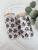 Minimalist Daisy 16oz Glass Cup with Bamboo Lid