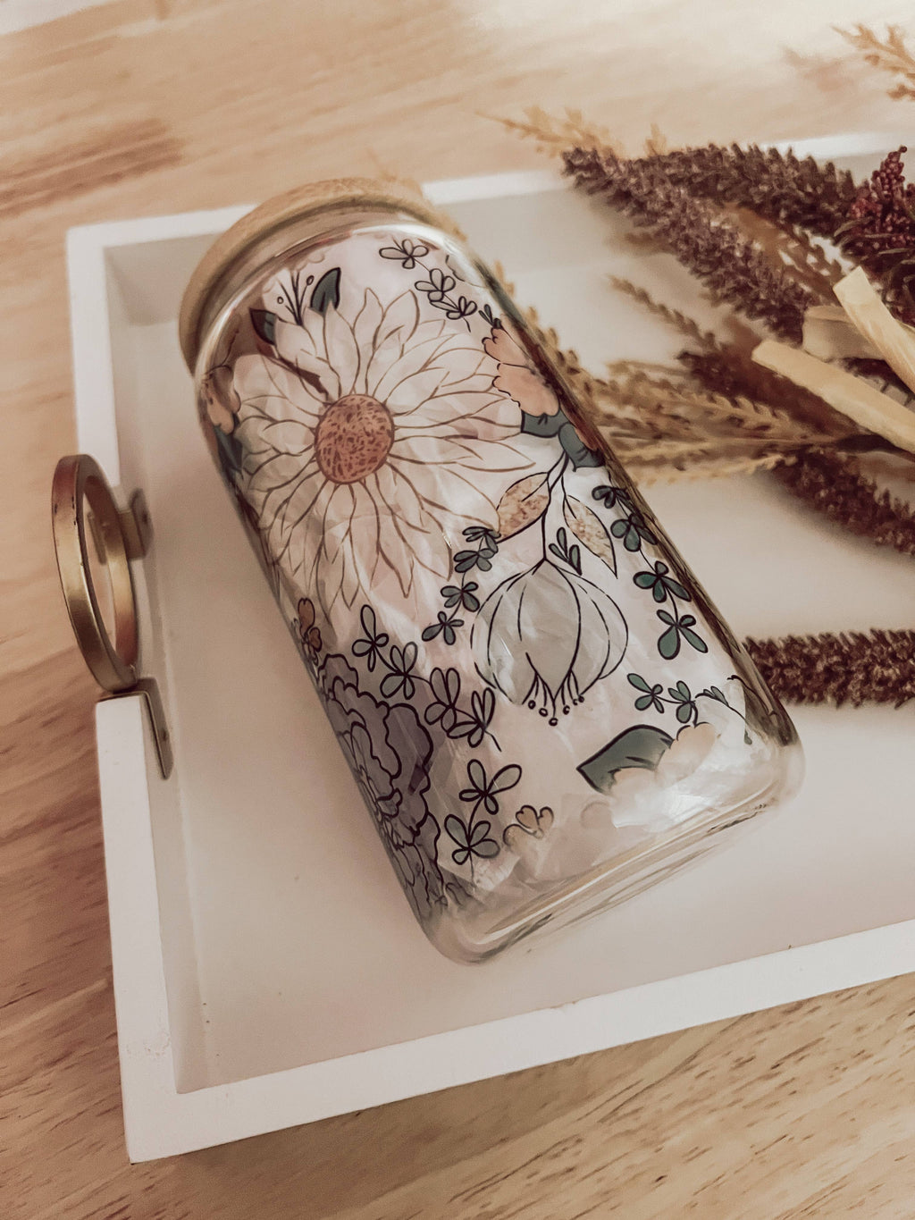 Fall Floral 16 oz Glass Cup with Bamboo Lid