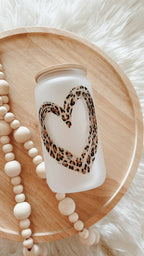 Leopard Heart Frosted 16oz Glass Cup with Bamboo Lid