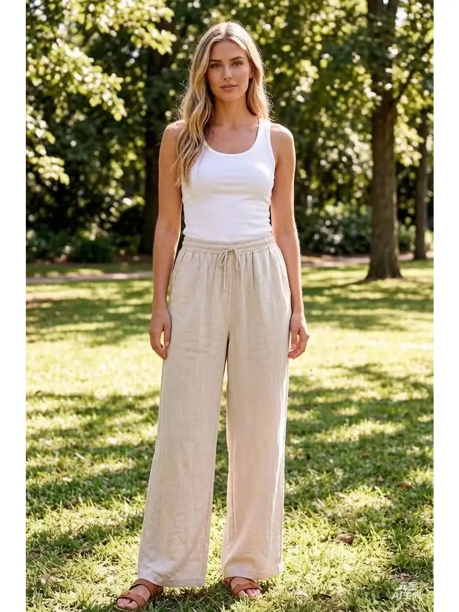 Linen Drawstring Wide Leg Pants