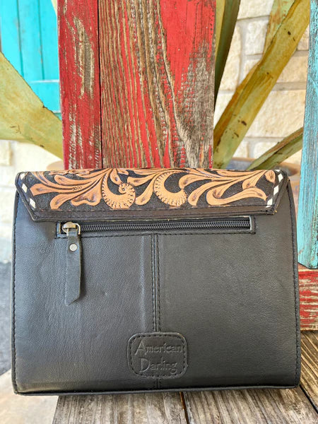 AD Leather Black Tooled Flap Purse