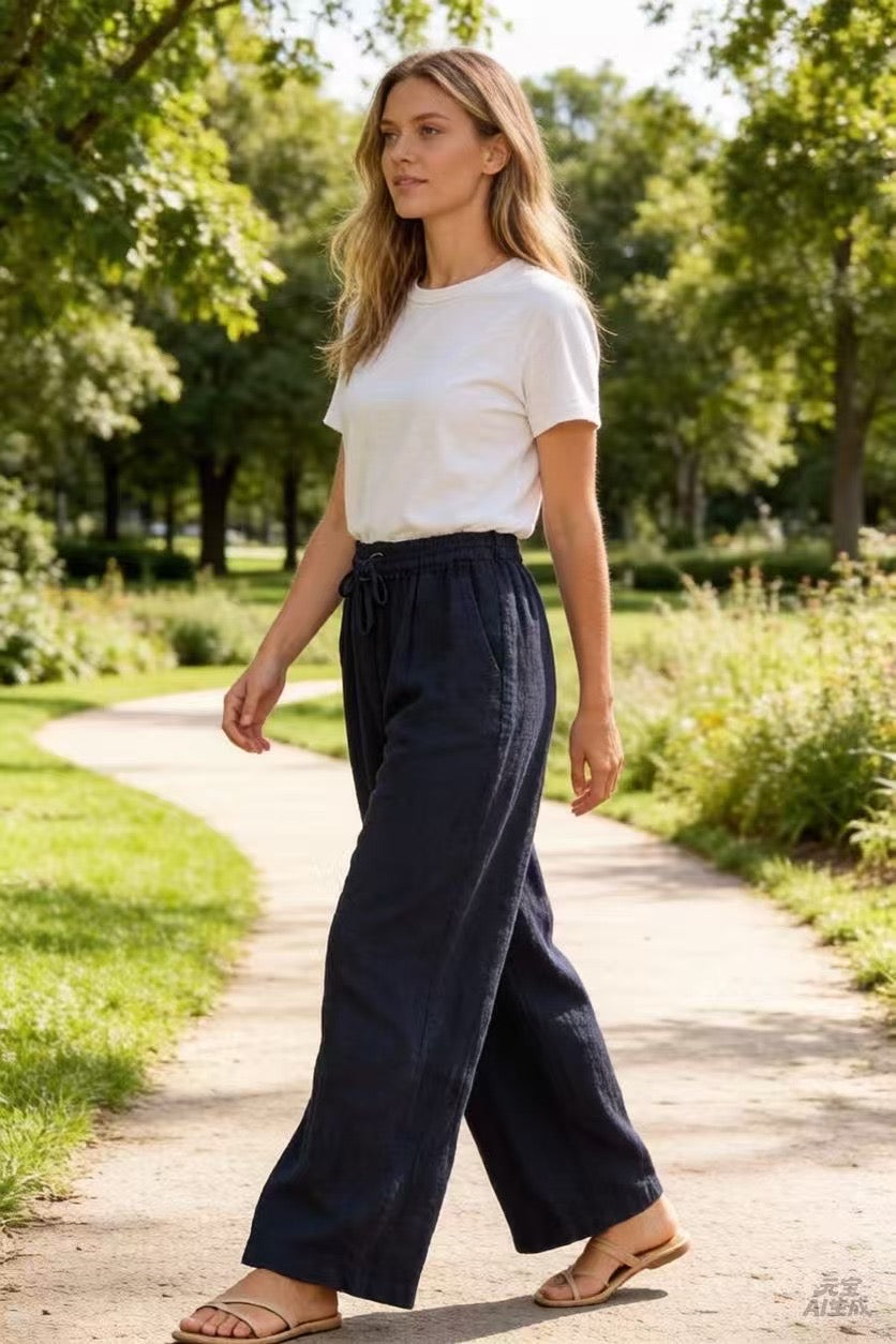 Linen Drawstring Wide Leg Pants