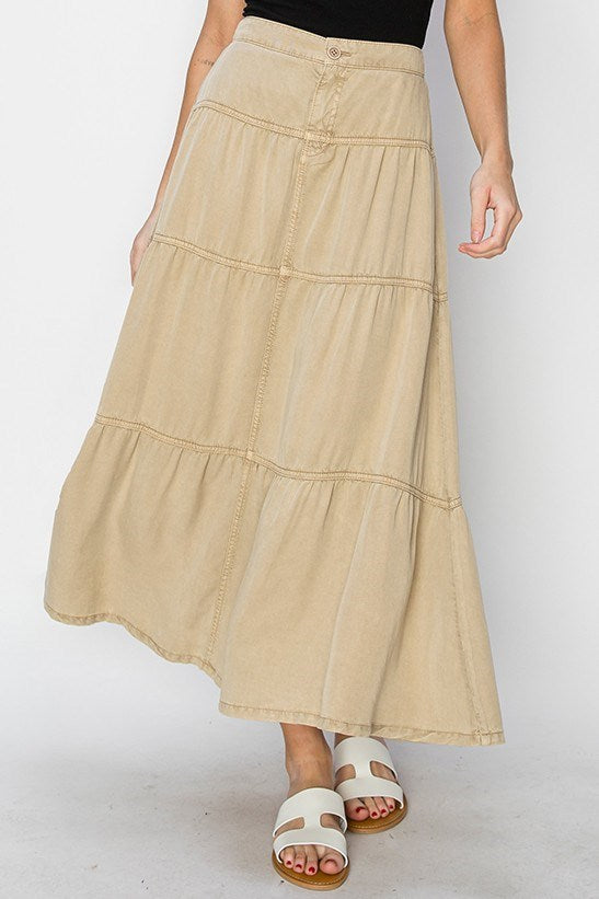 High Rise Tiered Long Tencel Skirt