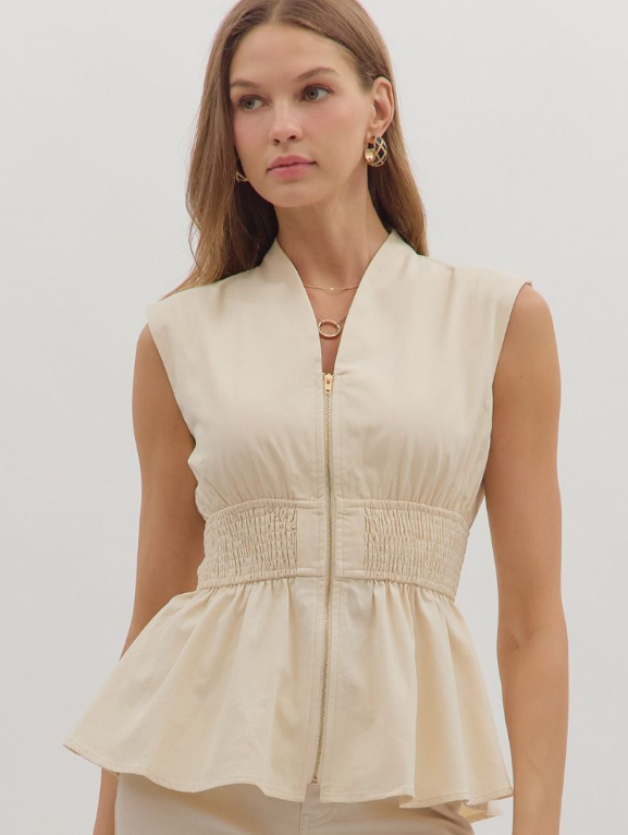 Mila Front-Zip Peplum Top