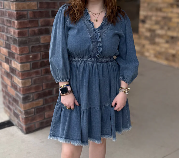 Denim Mini Dress with Smocked Ruffle Neck