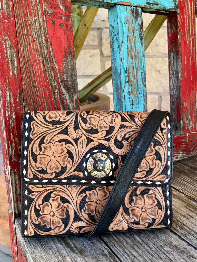 AD Leather Black Tooled Flap Purse