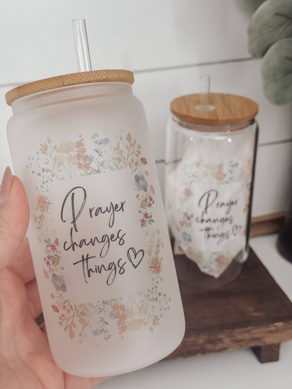 Prayer Changes Things Floral 16oz Glass Cup with Bamboo Lid