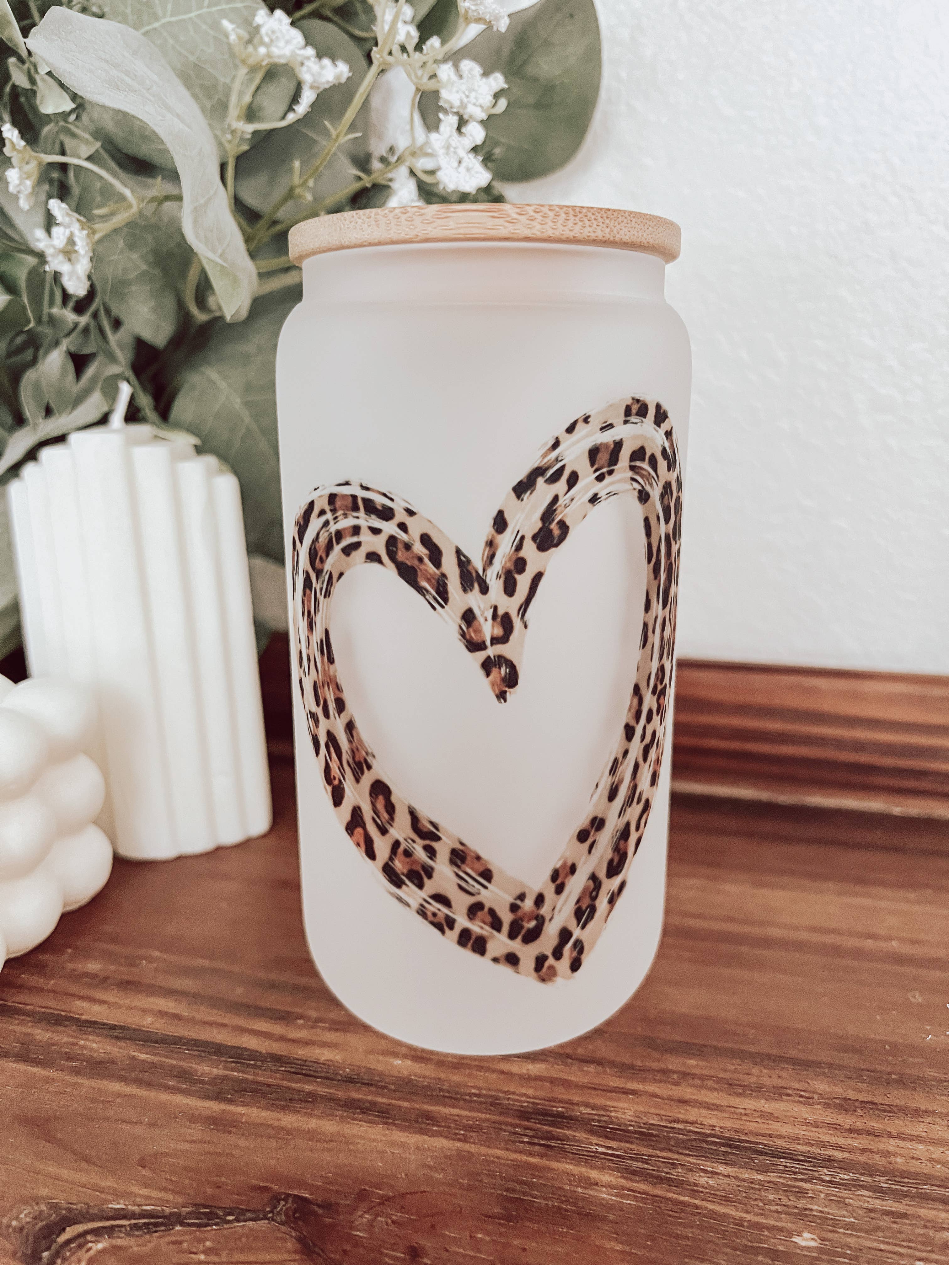 Leopard Heart Frosted 16oz Glass Cup with Bamboo Lid