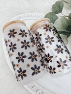 Minimalist Daisy 16oz Glass Cup with Bamboo Lid