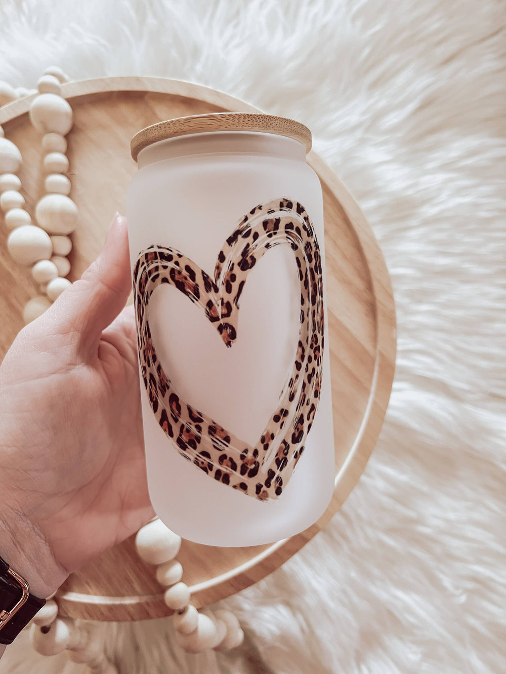 Leopard Heart Frosted 16oz Glass Cup with Bamboo Lid