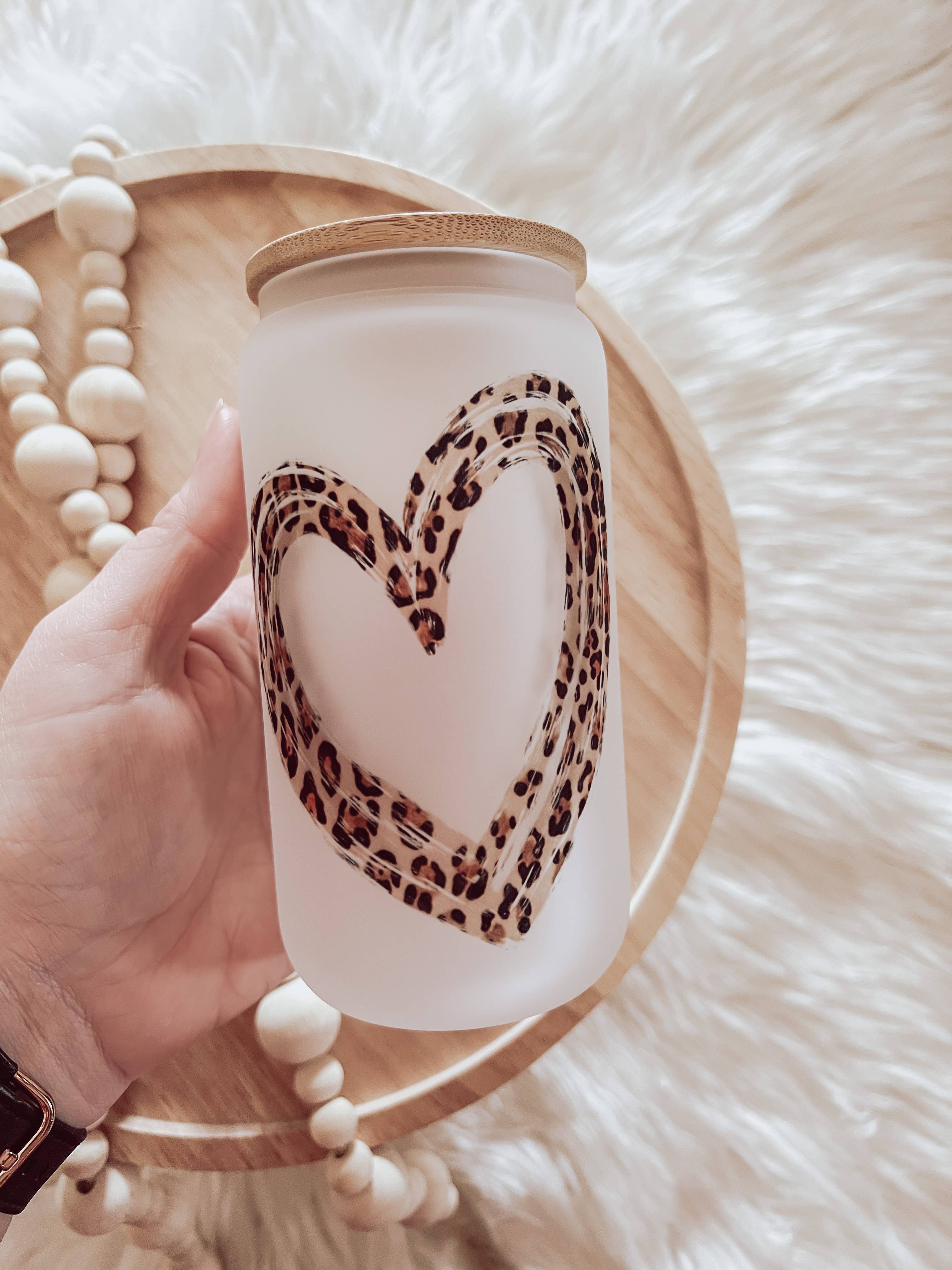 Leopard Heart Frosted 16oz Glass Cup with Bamboo Lid