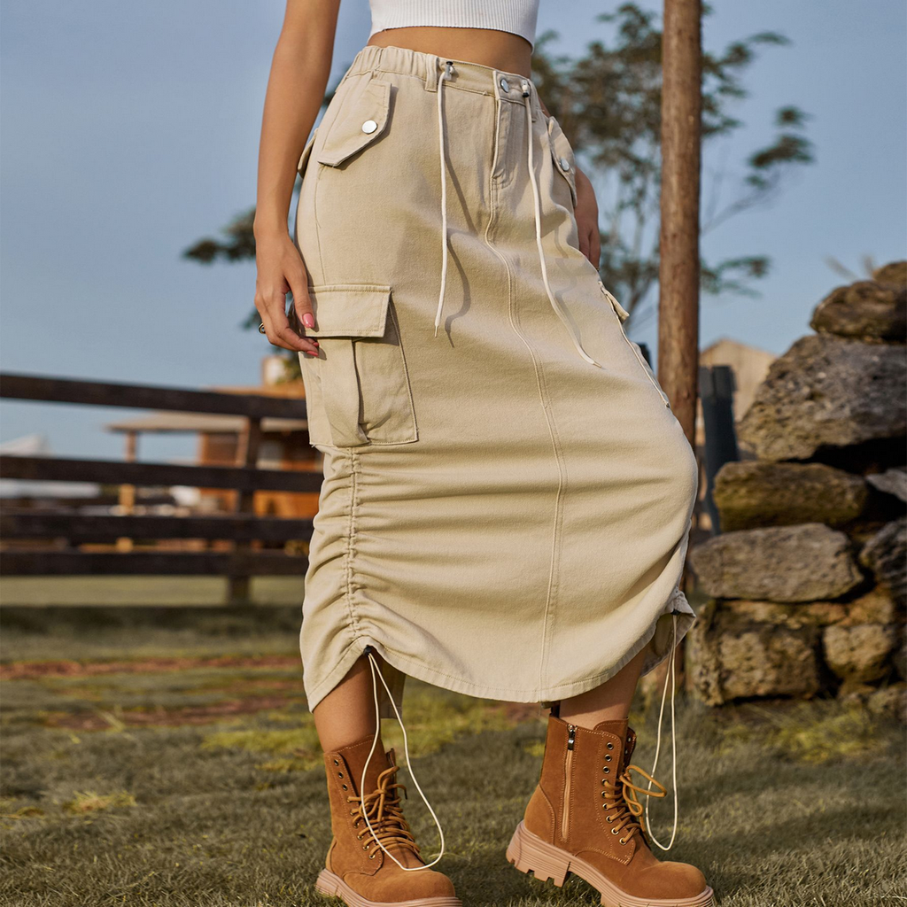Cargo Midi Skirt Drawstring Elastic Waist