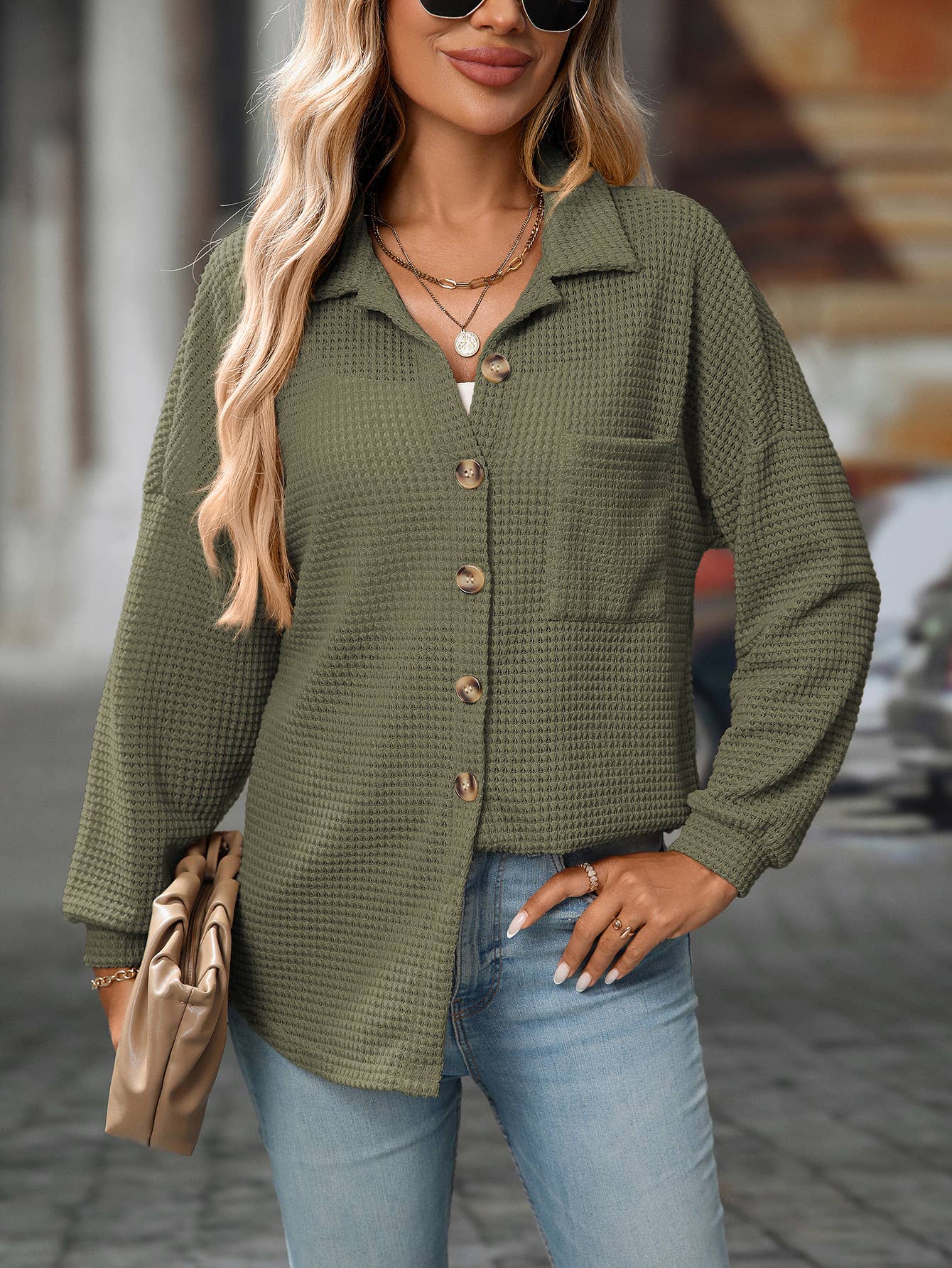 Waffle Knit Button-Up Shirt