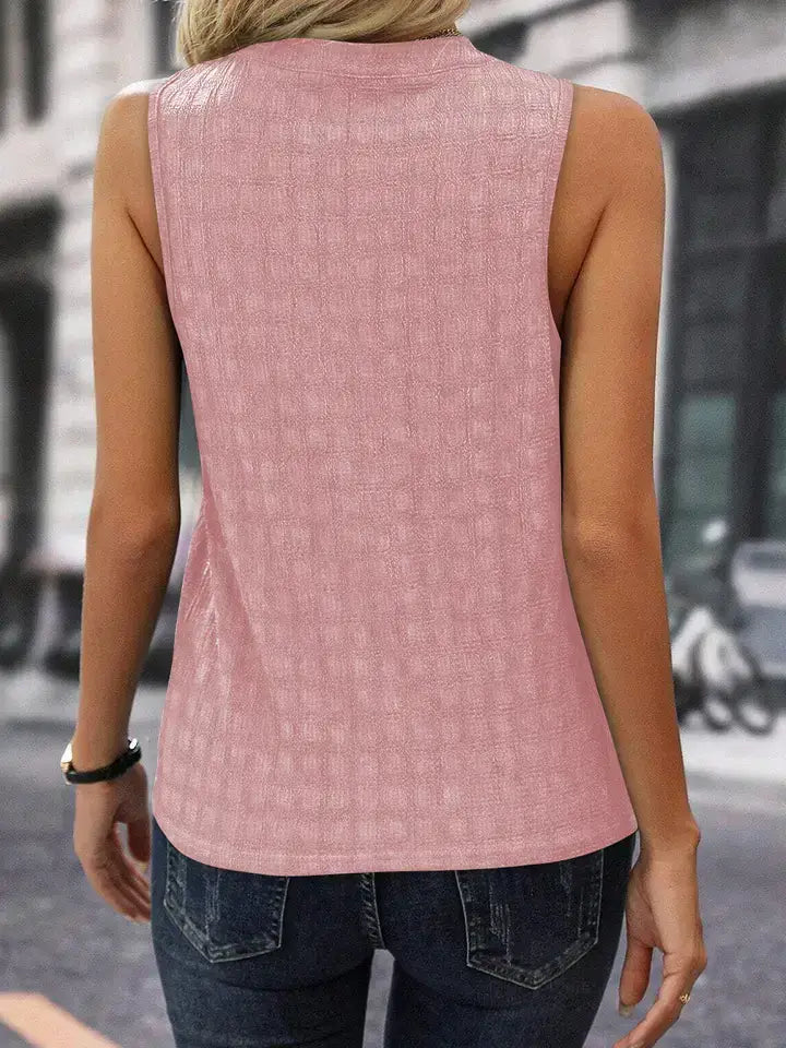 Split Neck Tank Top with Lattice Texture Detail