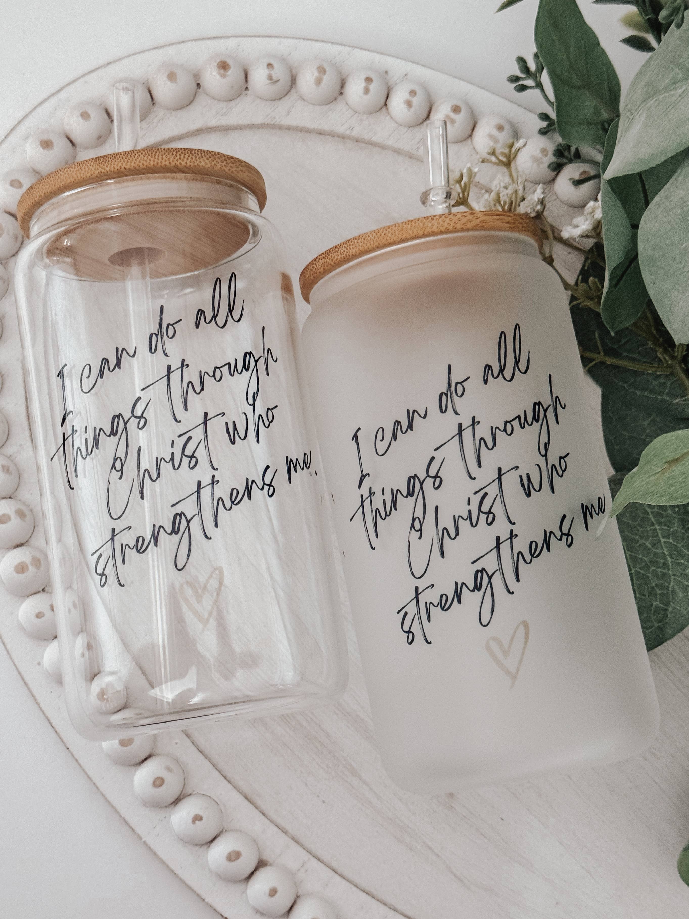I Can Do All Things Through Christ 16oz Glass Cup with Lid