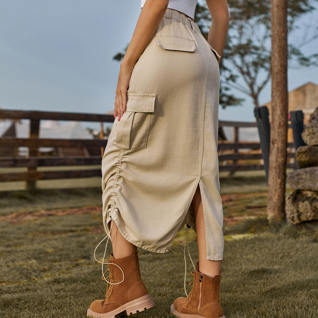 Cargo Midi Skirt Drawstring Elastic Waist