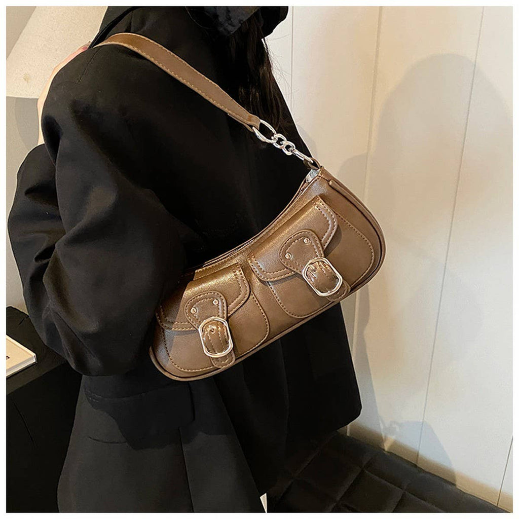 Chocolate Brown Mini Pockets Shoulder Handbag