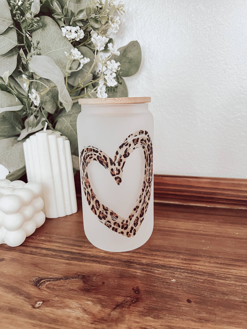 Leopard Heart Frosted 16oz Glass Cup with Bamboo Lid
